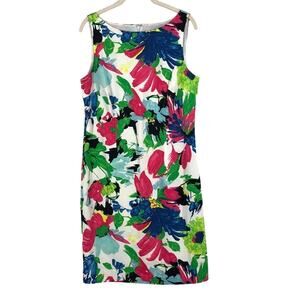 Ann Taylor Shift Dress Women's 8 Green Pink Floral Stretch Boat Neck Sleeveless